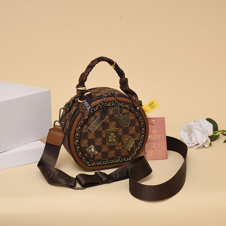 Top-Griff-Tasche für Damen Vintage breite Riemen kleine runde Tasche