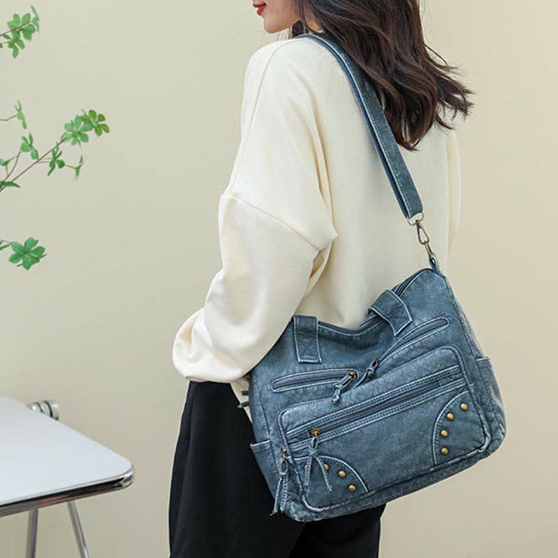 Denim Farbe Tote Handtaschen Große Kapazität Kunstleder Schulter Geldbörse