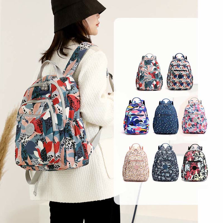 Rucksack für Damen, wasserdicht, mit mehreren Fächern, Druck, lässig, Nylon, leicht, Schultasche