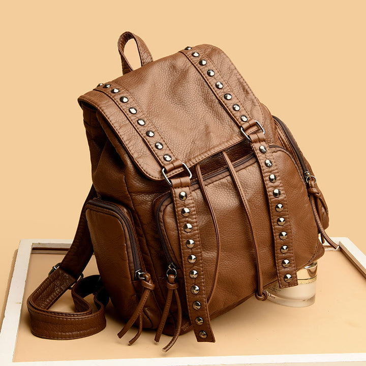Nietenrucksack für Damen, Reiserucksack aus weichem, schlichtem Leder