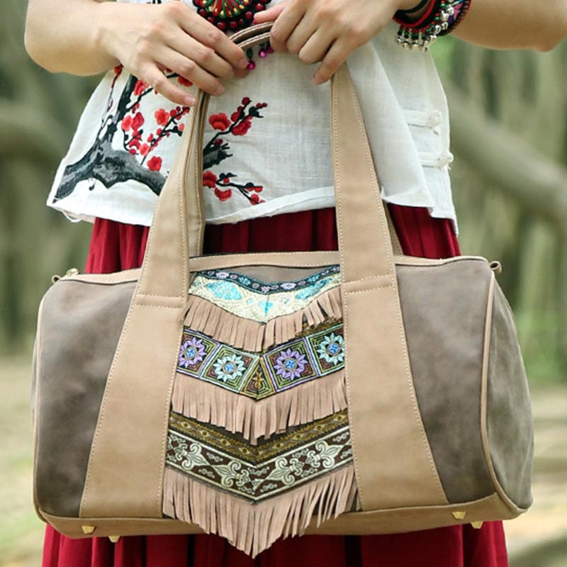 Tote für Damen im ethnischen Stil, PU-Leder, Quaste, Alltagshandtasche