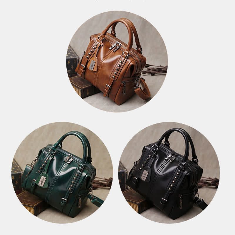 Retro Öl Wachs Leder Nieten Handtasche Tote Satchel Umhängetasche