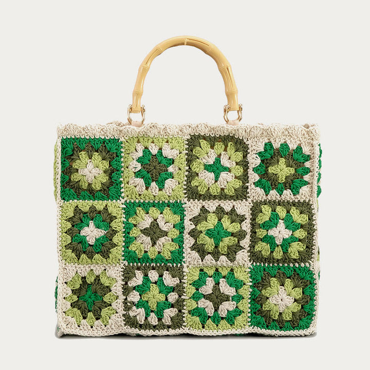 Gestrickte Handtasche mit Blumen-Patchwork-Muster und Bambusgriff