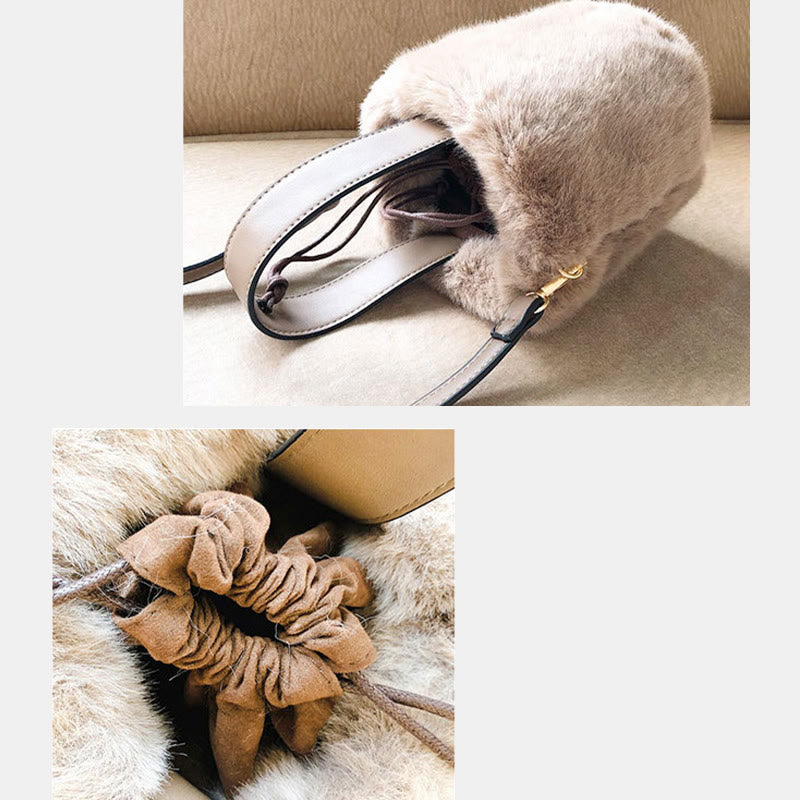 Handtasche mit Kordelzug für Damen, minimalistische Beuteltasche aus Kunstpelz