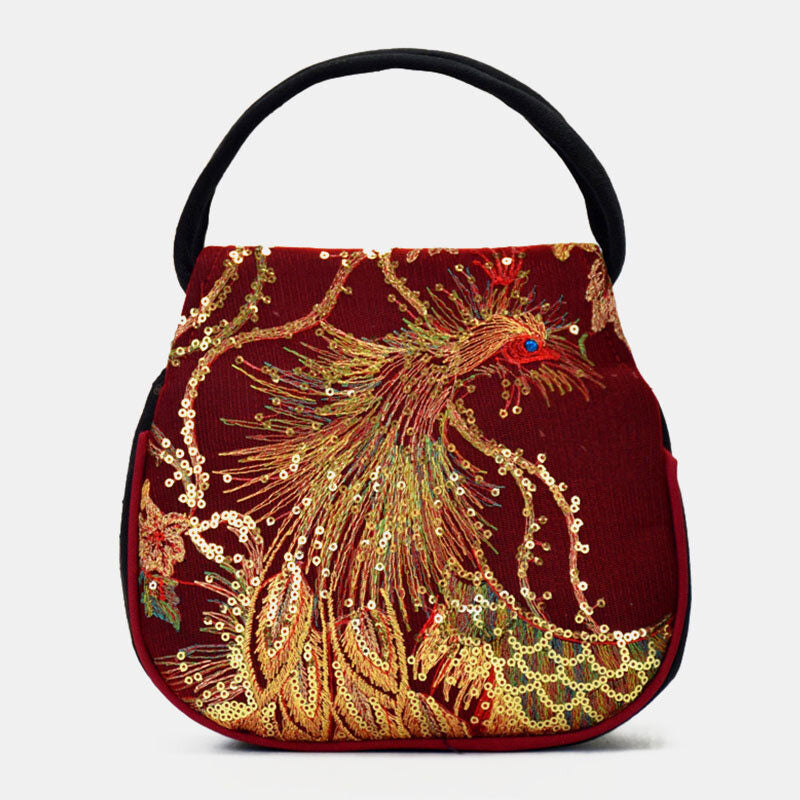Handtasche aus Segeltuch mit Phönix-Stickerei und Pailletten im Ethno-Stil