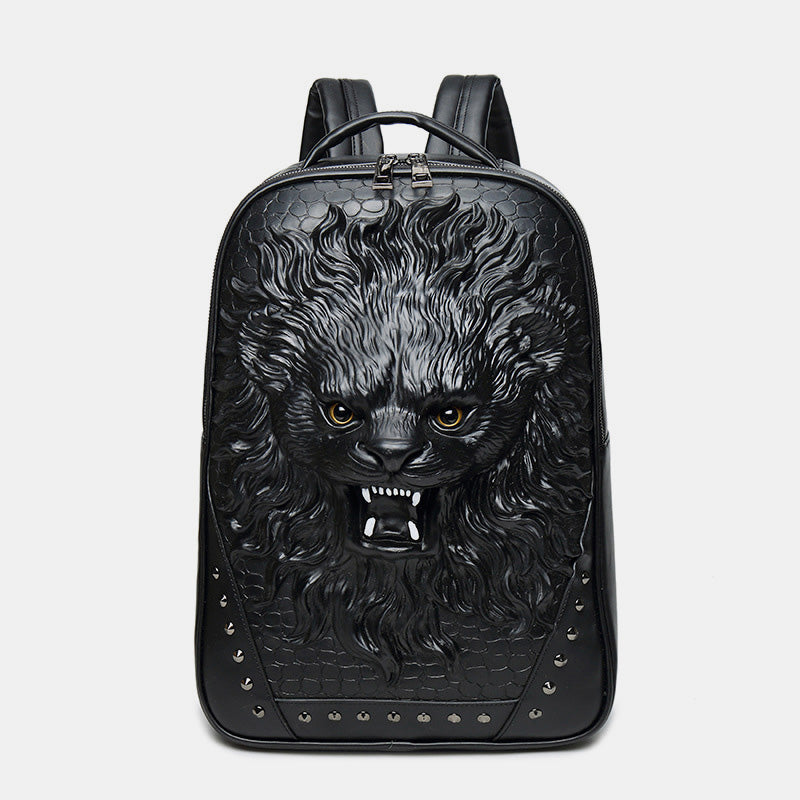3D Tierkopf Rucksack mit Nieten aus Leder Coole Laptoptasche College Büchertasche