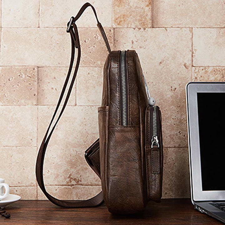 Herren Leder Sling Bag Brusttasche Ein-Schulter-Rucksack Umhängetasche