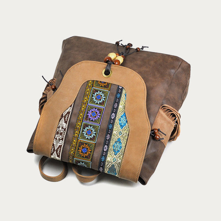 Rucksack für Damen im ethnischen Stil mit Druck und Quaste, Tagesrucksack aus Leder