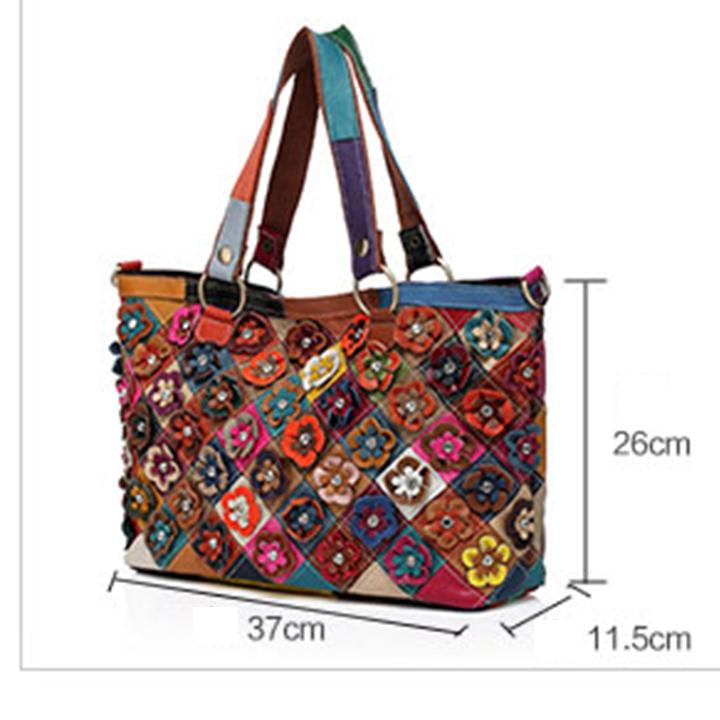 Tote Bag aus echtem Leder in Kontrastfarbe mit mehrfarbigen Blumen