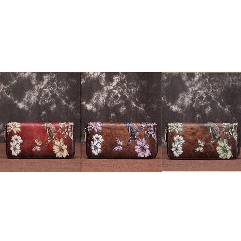 Große Geldbörse aus echtem Leder im Vintage-Stil mit Blumenmuster