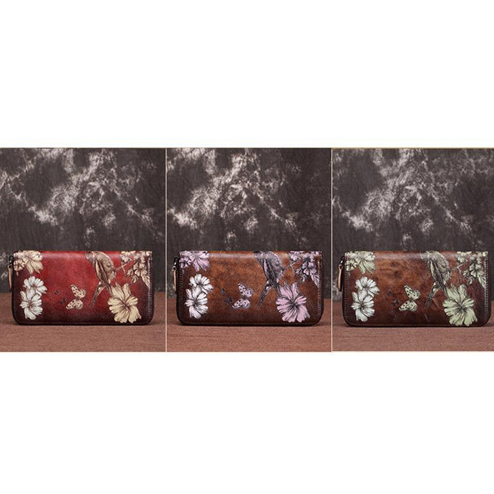Große Geldbörse aus echtem Leder im Vintage-Stil mit Blumenmuster