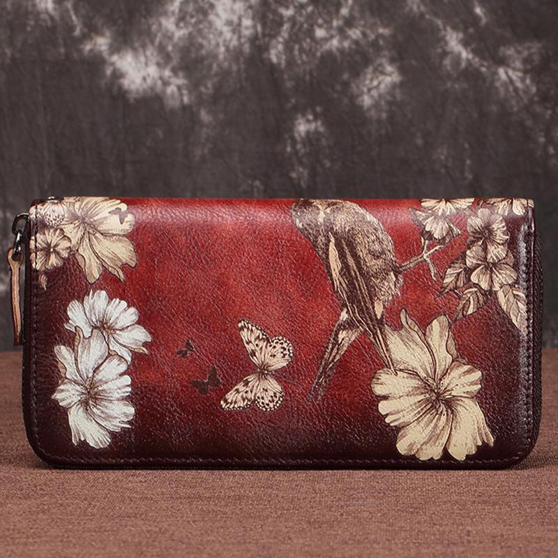 Große Geldbörse aus echtem Leder im Vintage-Stil mit Blumenmuster