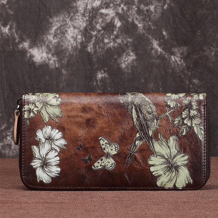 Große Geldbörse aus echtem Leder im Vintage-Stil mit Blumenmuster