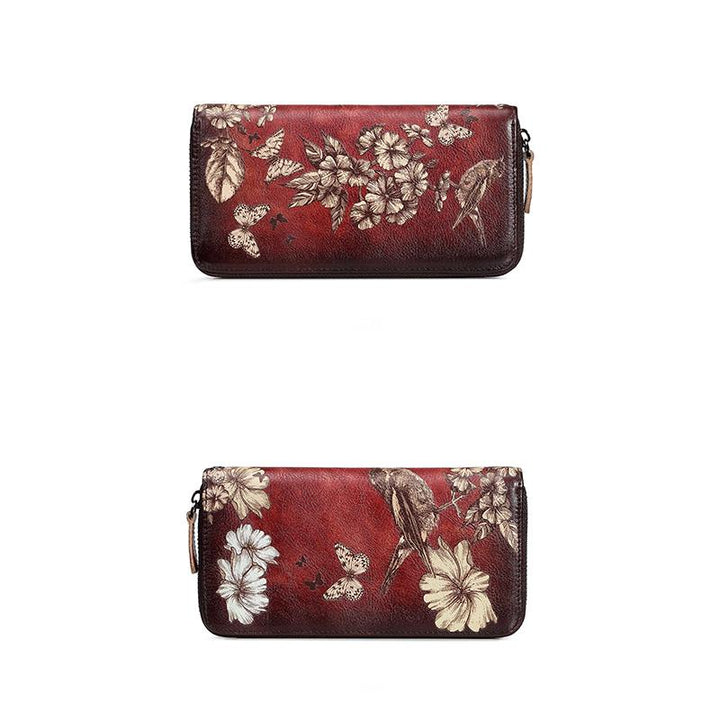 Große Geldbörse aus echtem Leder im Vintage-Stil mit Blumenmuster