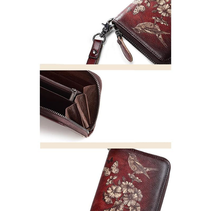 Große Geldbörse aus echtem Leder im Vintage-Stil mit Blumenmuster