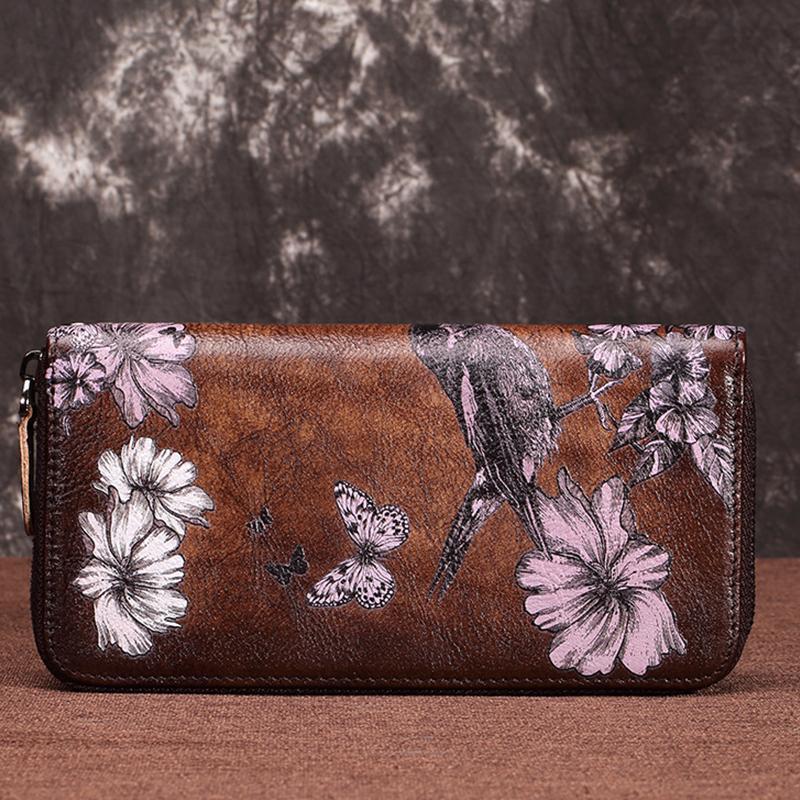 Große Geldbörse aus echtem Leder im Vintage-Stil mit Blumenmuster
