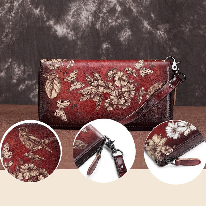 Große Geldbörse aus echtem Leder im Vintage-Stil mit Blumenmuster