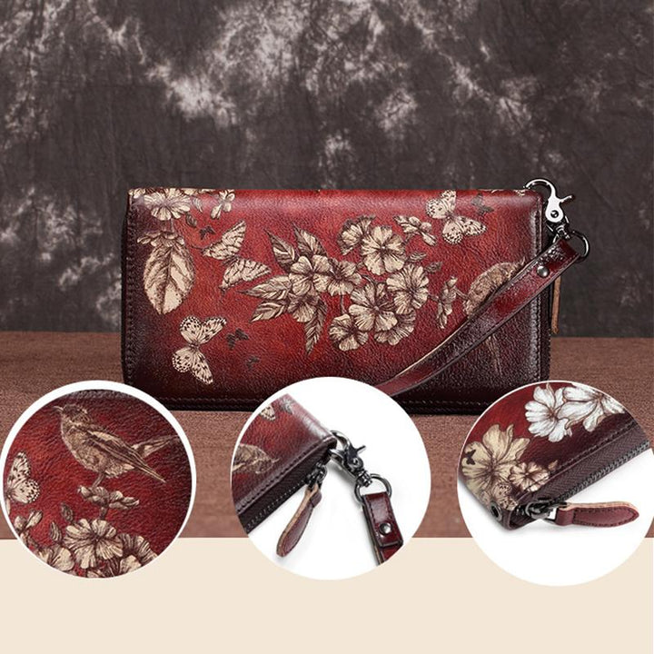 Große Geldbörse aus echtem Leder im Vintage-Stil mit Blumenmuster