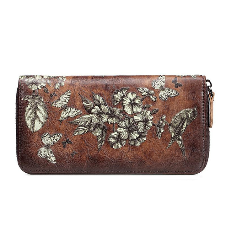 Große Geldbörse aus echtem Leder im Vintage-Stil mit Blumenmuster