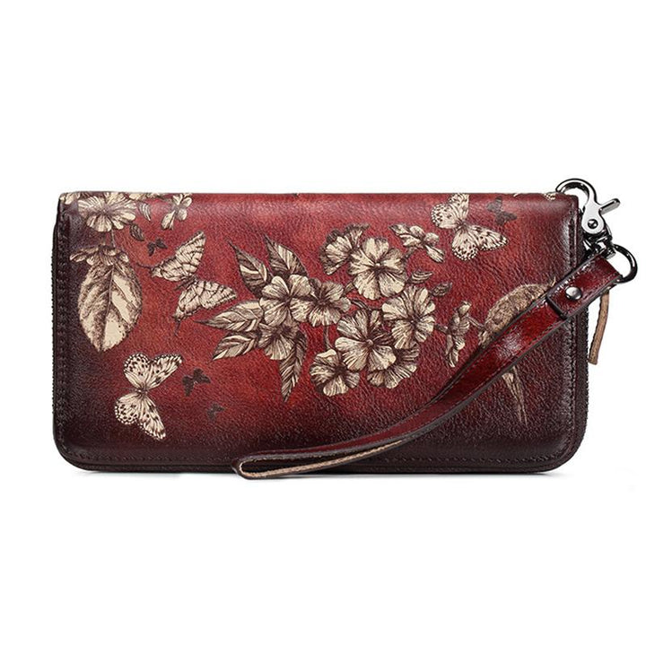 Große Geldbörse aus echtem Leder im Vintage-Stil mit Blumenmuster