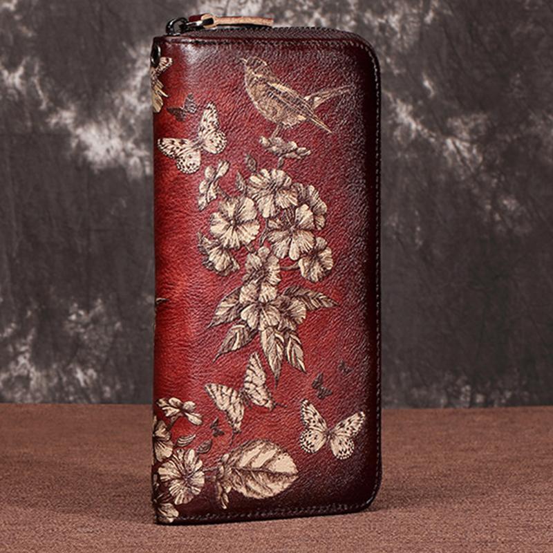 Große Geldbörse aus echtem Leder im Vintage-Stil mit Blumenmuster