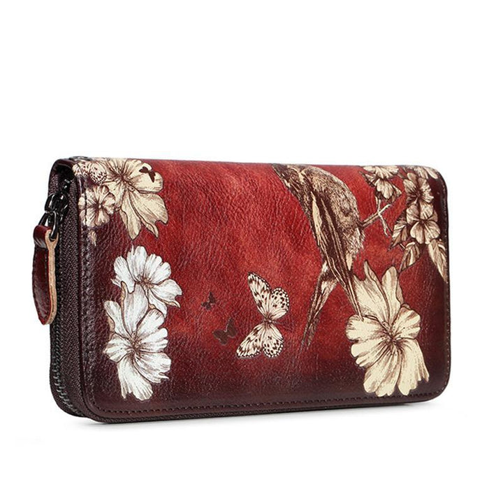 Große Geldbörse aus echtem Leder im Vintage-Stil mit Blumenmuster