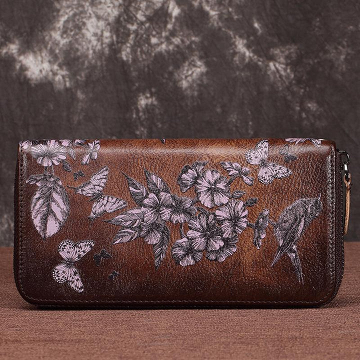 Große Geldbörse aus echtem Leder im Vintage-Stil mit Blumenmuster