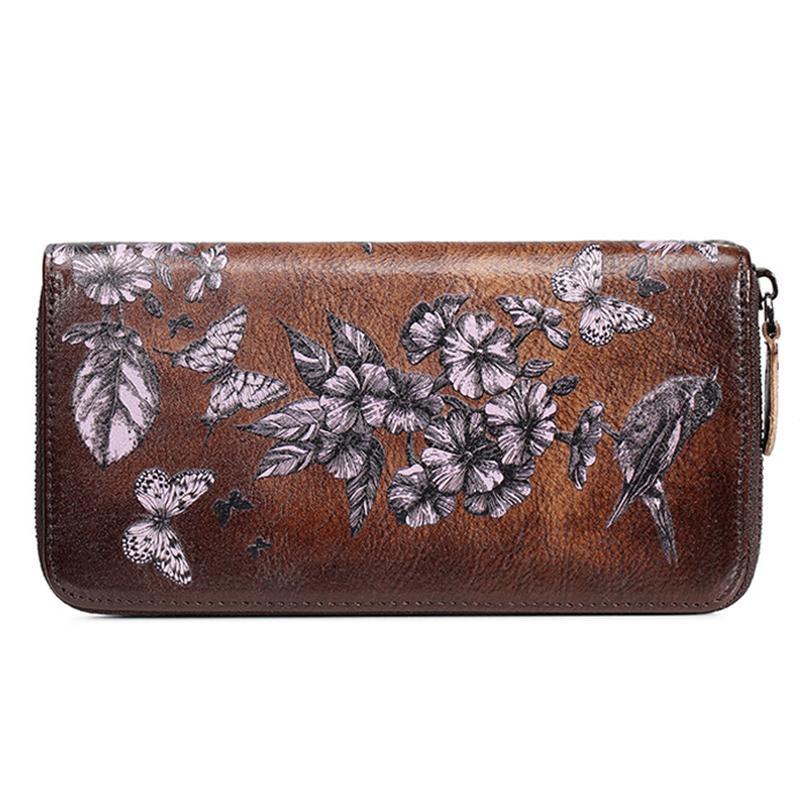 Große Geldbörse aus echtem Leder im Vintage-Stil mit Blumenmuster