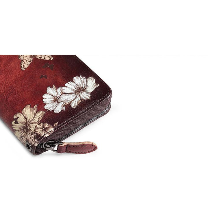 Große Geldbörse aus echtem Leder im Vintage-Stil mit Blumenmuster