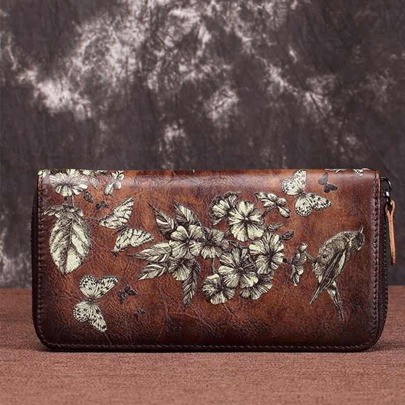 Große Geldbörse aus echtem Leder im Vintage-Stil mit Blumenmuster