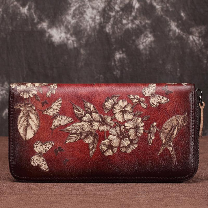 Große Geldbörse aus echtem Leder im Vintage-Stil mit Blumenmuster