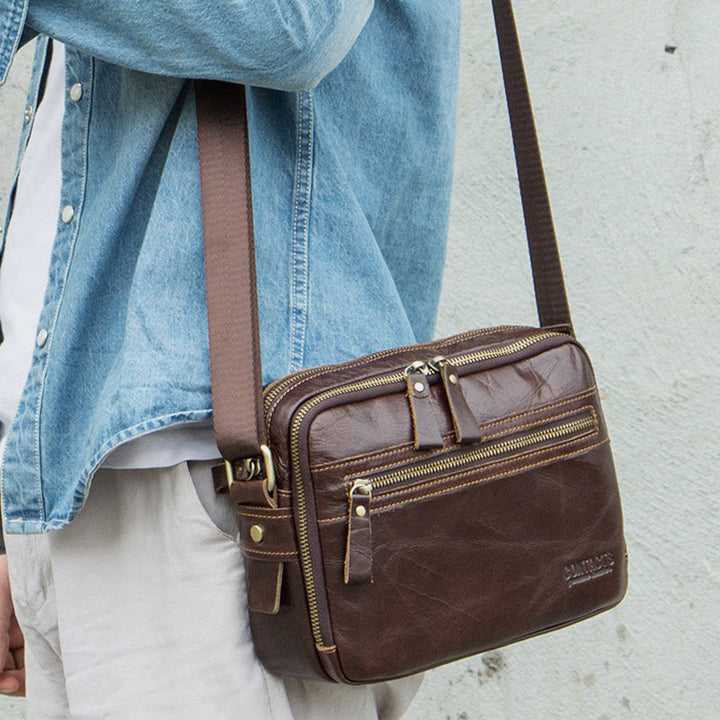 Umhängetasche aus echtem Leder mit großem Fassungsvermögen und mehreren Taschen