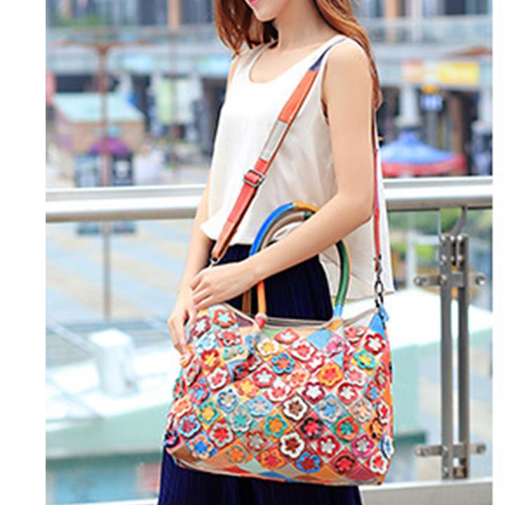 Echtes Leder Multicolor Flower Boho Handtasche