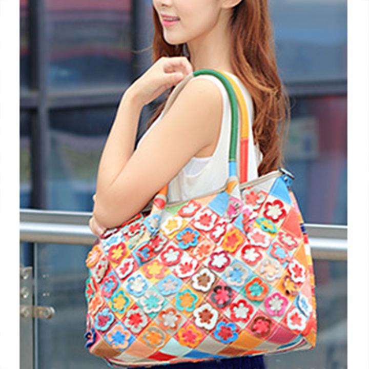Echtes Leder Multicolor Flower Boho Handtasche
