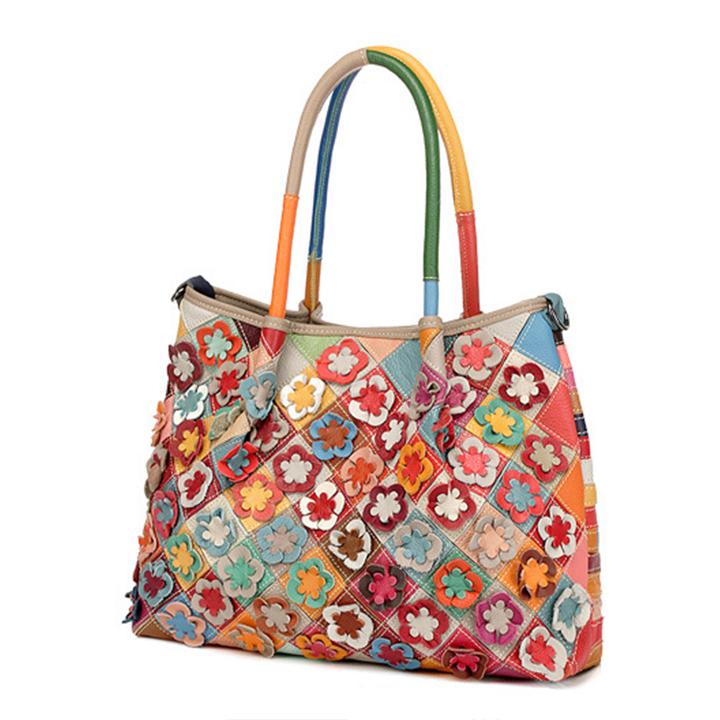 Echtes Leder Multicolor Flower Boho Handtasche