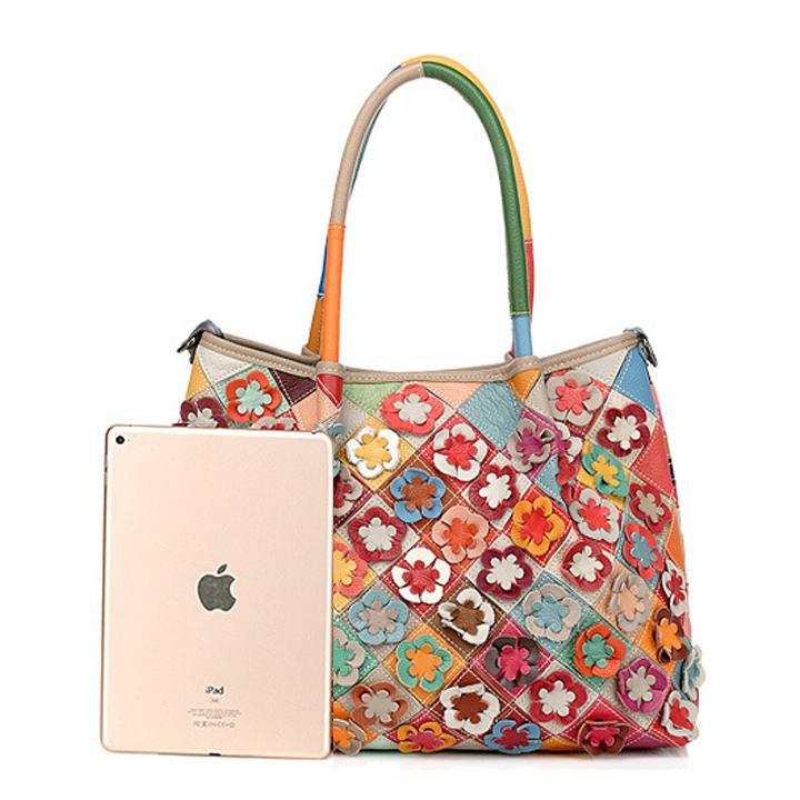 Echtes Leder Multicolor Flower Boho Handtasche
