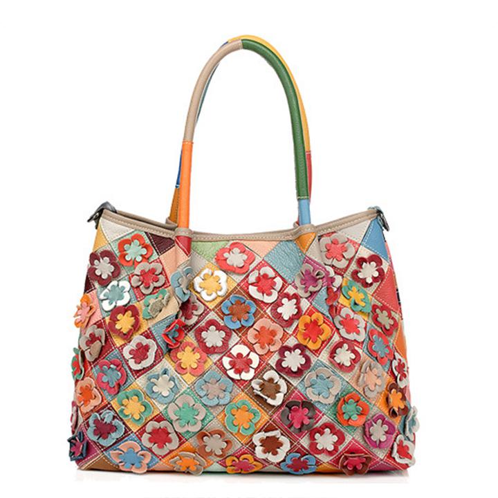Echtes Leder Multicolor Flower Boho Handtasche