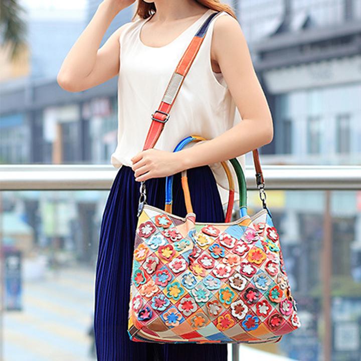Echtes Leder Multicolor Flower Boho Handtasche