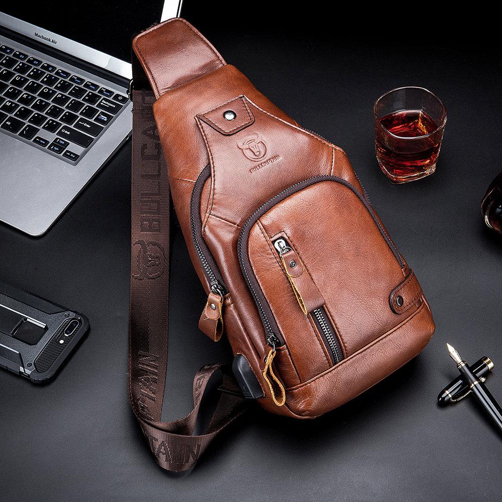 Schultertasche aus echtem Leder mit USB-Ladefunktion
