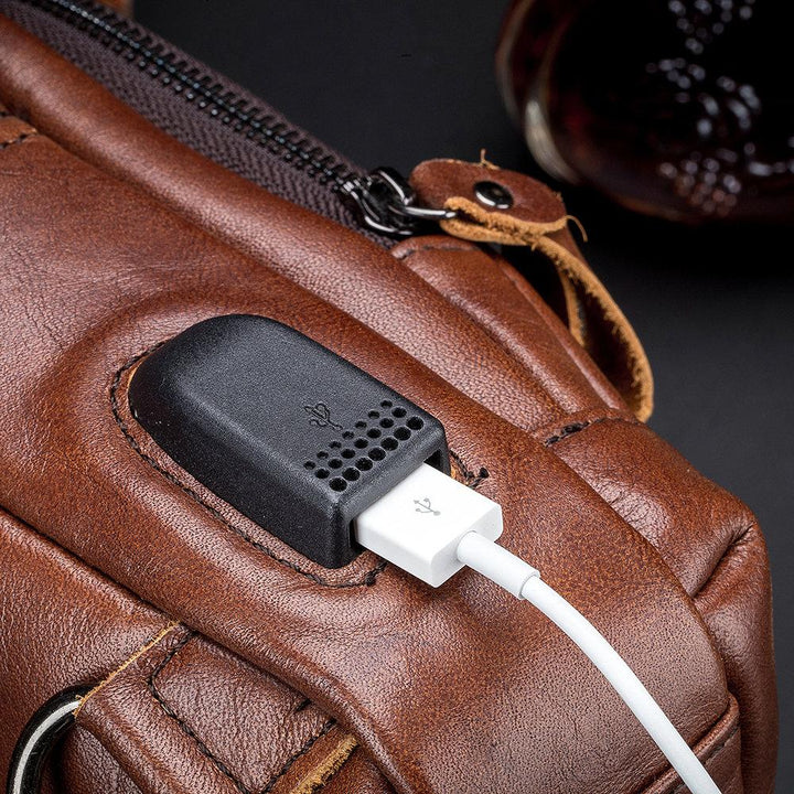 Schultertasche aus echtem Leder mit USB-Ladefunktion