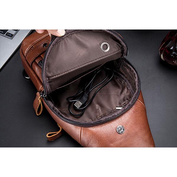 Schultertasche aus echtem Leder mit USB-Ladefunktion