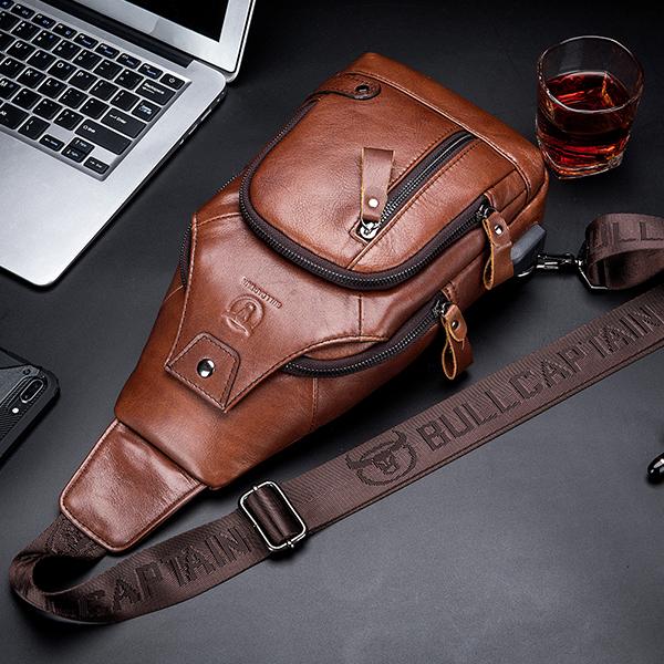 Schultertasche aus echtem Leder mit USB-Ladefunktion