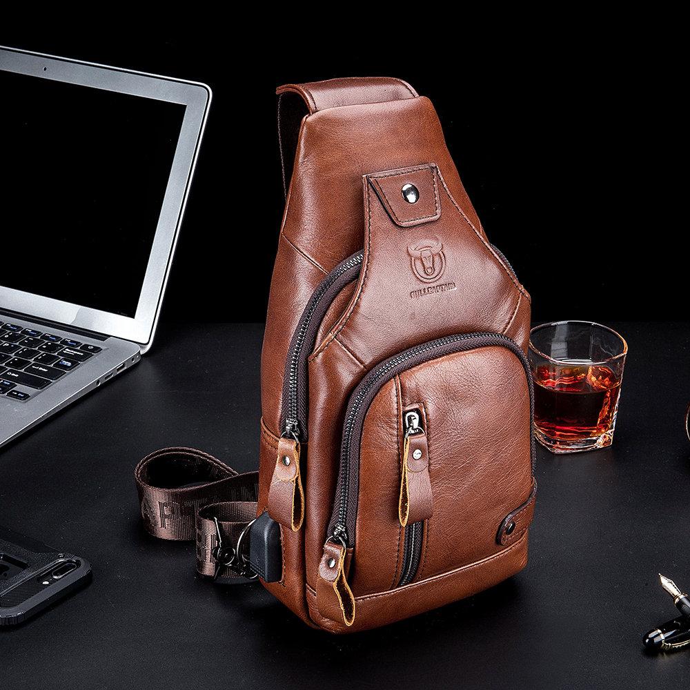 Schultertasche aus echtem Leder mit USB-Ladefunktion
