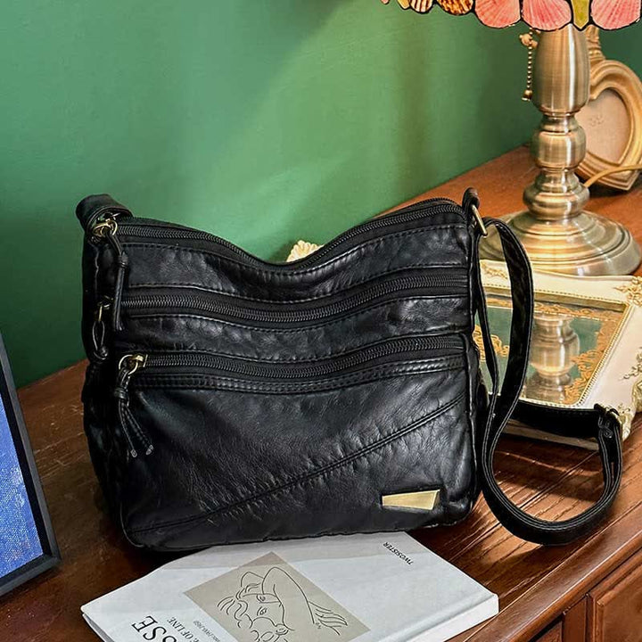 Umhängetasche aus weichem Leder mit zwei Fächern, Retro-Handtasche für Damen