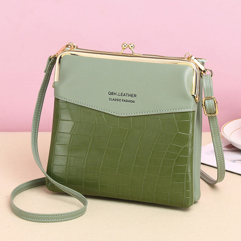 Leder-Crossbody-Handtasche für Damen mit zwei Fächern und Kiss Lock-Umhängetasche