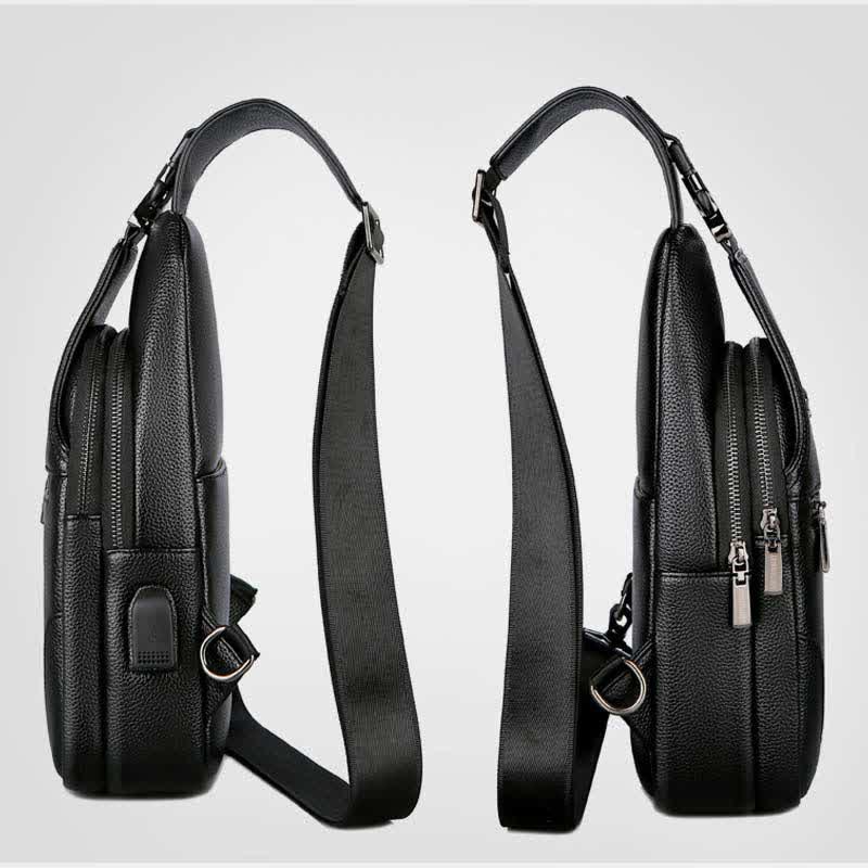 Sling-Brusttasche aus Leder mit mehreren Taschen für Männer mit USB-Ladeanschluss