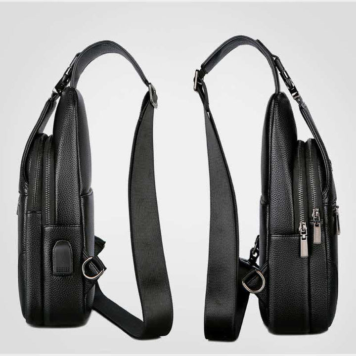Sling-Brusttasche aus Leder mit mehreren Taschen für Männer mit USB-Ladeanschluss
