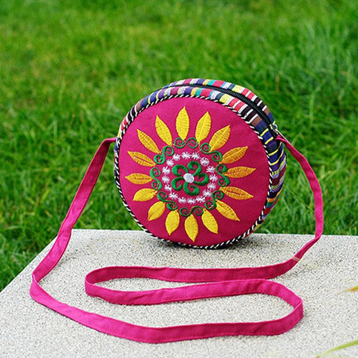Folk Custom Canvas Tasche Frauen Stickerei Sonnenblume kleine runde Tasche