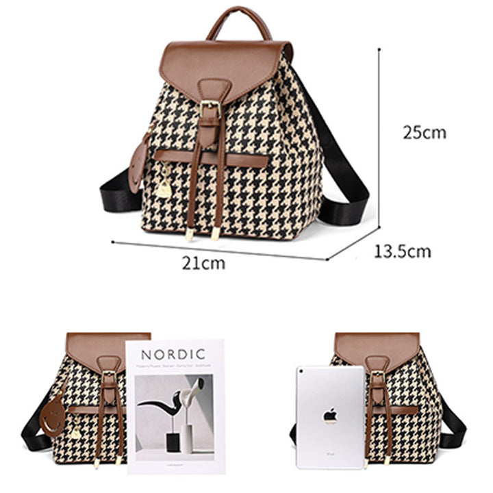Damen Mini-Rucksack Geldbörse Hahnentrittmuster Klappe Tagesrucksack Leder Schultertasche