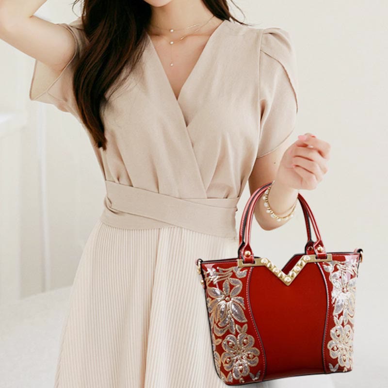 Tragetasche für Damen, bestickte Handtasche aus Lackleder mit Pailletten und Diamanten